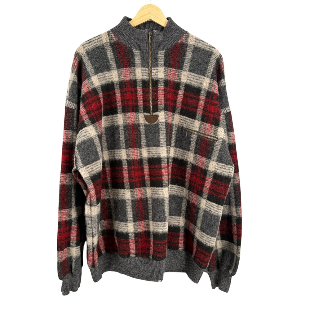 Vintage‎ LL Bean Quarter Zip Plaid Sweater Size XL Wool Blend Made Italy 1980s